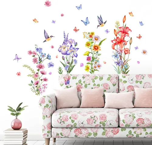Vista 9 de Calcomanías de pared de plantas botánicas de rosas, 2 hojas de flores, mariposas, calcomanías de pared de PVC extraíbles para niñas, dormitorio Tipo