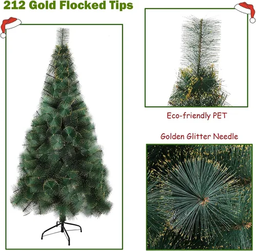 Vista 3 de LUCKYERMORE Árbol de Navidad de 6 pies con 212 puntas flocadas doradas, pequeño árbol de Navidad con decoración para árbol de Navidad y decoraciones