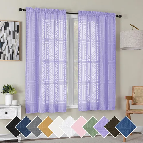 Vista 86 de Simplebrand Cortinas traslúcidas negras de cocina de 24 pulgadas de largo, 2 paneles, filtrado de luz, geométrico jacquard con textura, cortinas
