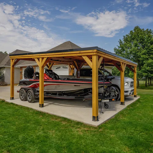 Vista 10 de Backyard Discovery Kingsport Garaje de madera de cedro para exteriores de 20 x 12 pies con techo inclinado de acero galvanizado resistente, soporte