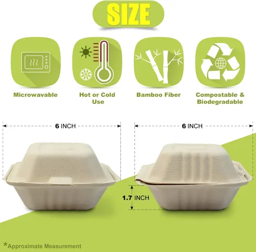 Vista 6 de Green Earth, 6 pulgadas, 125 unidades, almeja compostable de hamburguesa acanalada, BAM ware (fibra de bambú), cajas de comida para llevar