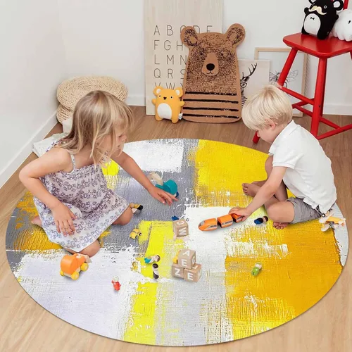 Vista 5 de Libaoge Alfombra redonda amarilla de 3 pies para cuarto de bebé, alfombra abstracta moderna y contemporánea, alfombra de yoga para niños y niñas