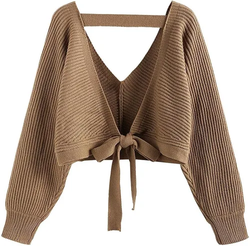 Vista 2 de ZAFUL Womens V Neck Cropped Sweater Ribbed Knit Pullover Tops Sexy Drop Shoulder Jumpers