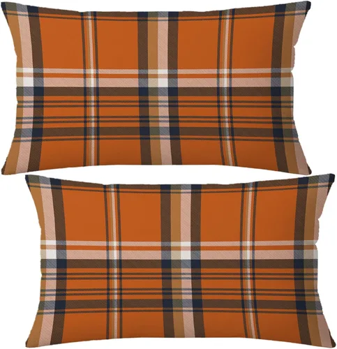 Vista 23 de AOFANGGO - Juego de 2 fundas de almohada de otoño decorativas de 16x16 pulgadas. Fundas de almohada de cuadros naranja y gris, cojines de lino