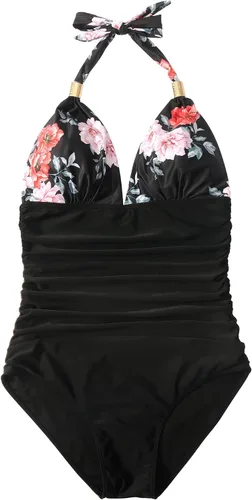 Vista 99 de RXRXCOCO - Traje de baño fruncido de una pieza, con cuello en V, para mujer, con control de abdomen y cuello halter