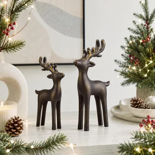 Vista 7 de 2 piezas de decoración moderna de Navidad, decoración neutral de Navidad de renos, estatuas de ciervos de resina, figuras de renos, estatuas