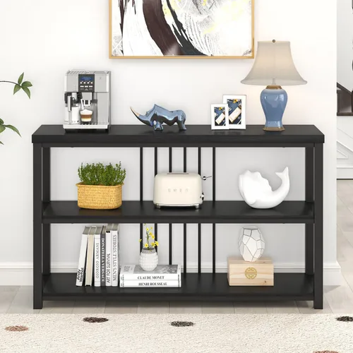 Vista 7 de FOLUBAN Mesa de entrada, moderna mesa consola de sofá con estante de almacenamiento de 3 niveles para sala de estar, pasillo, vestíbulo, roble negro