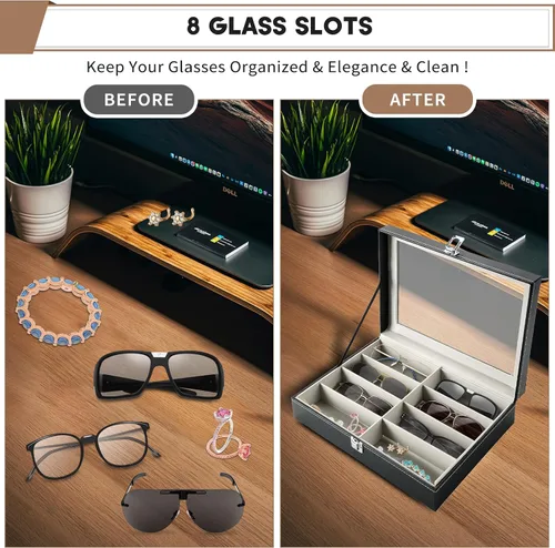 Vista 4 de Caja de almacenamiento para lentes de sol de 8 ranuras, de piel sintética, color negro, para mujeres y hombres, 8 ranuras para guardar lentes