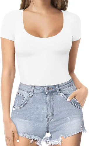 Vista 2 de MANGOPOP Body básico elástico de manga corta con cuello redondo para mujer