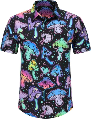 Vista 3 de PATSINFOS ropa de festival para hombre, trajes de festival para hombres, trajes rave para hombres, camisa hawaiana de hongos para hombres, 01