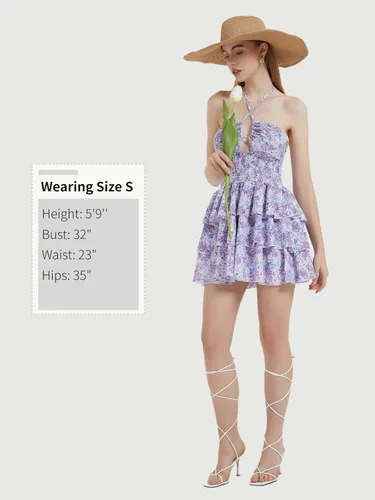 Vista 6 de Mebius Mini vestido floral de verano para mujer, con tirantes cruzados, halter, espalda descubierta, cintura fruncida, vestido corto con volantes