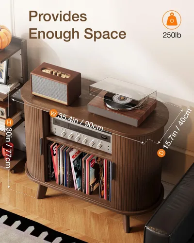 Vista 7 de Soporte para tocadiscos, mueble moderno de mediados de siglo con puertas correderas, gabinete de estantería de audio-video, soporte de medios
