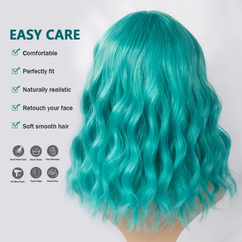 Vista 3 de ITTAYLER Peluca verde azulado, pelucas cortas y rizadas con flequillo, lindas pelucas coloridas para mujeres, peluca sintética de aspecto natural