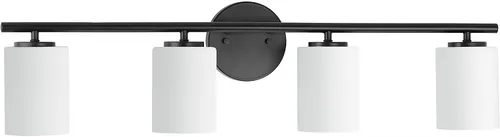 Vista 21 de Progress Lighting Lámpara moderna de tocador de baño de cristal blanco grabado con 4 luces, colección Replay, níquel cepillado (P2160-09)