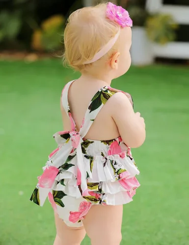 Vista 3 de Mameluco de verano con diseño floral y volantes para niña bebé, con diadema