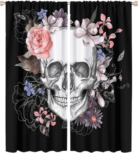 Vista 23 de Cortinas de cabeza de calavera, calavera blanca y rosas rojas con ramas y hojas negras, cortinas opacas decorativas para sala de estar, dormitorio
