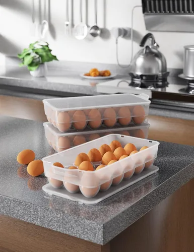Vista 7 de Soporte para huevos cubierto transparente, paquete de 3, almacenamiento de huevos de plástico para refrigerador, contenedor de bandeja de huevos