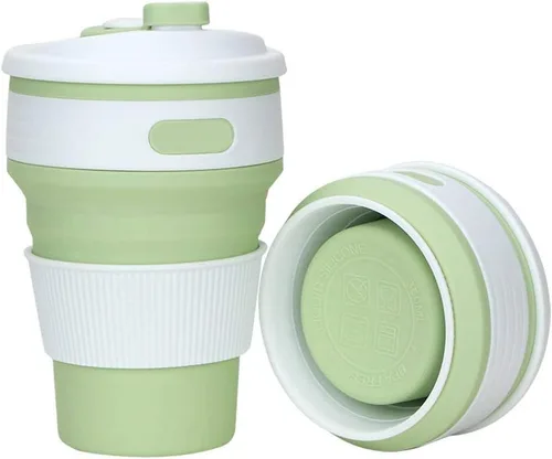 Vista 9 de Fullgaden Taza de viaje plegable de silicona, taza portátil con tapa, agua, café, coca cola y aperitivos para senderismo, campamento, picnic, azul