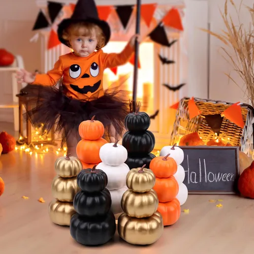 Vista 7 de Gresorth Juego de 2 calabazas artificiales apiladas blancas y negras para pintar, decoración artificial de Halloween, otoño, para el hogar, fiesta