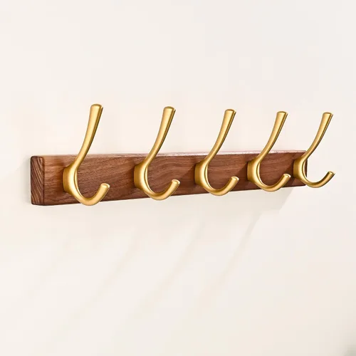Vista 14 de Perchero de pared pequeño de madera de nogal de 17.3 pulgadas con 4 ganchos, colgador de chaquetas de madera resistente montado en puerta