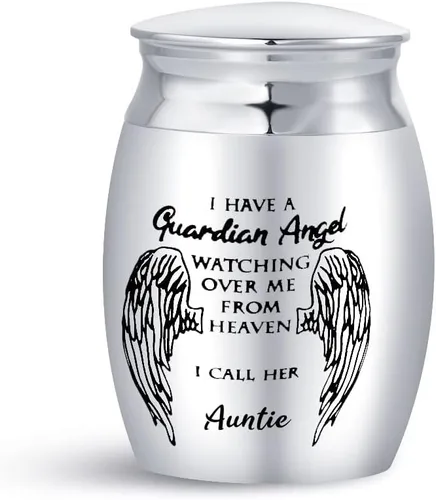 Vista 2 de Auntie Guardian Angel Mini Urnas de cremación para cenizas humanas, portátil, tamaño pequeño, de acero inoxidable, recuerdo, regalos funerarios