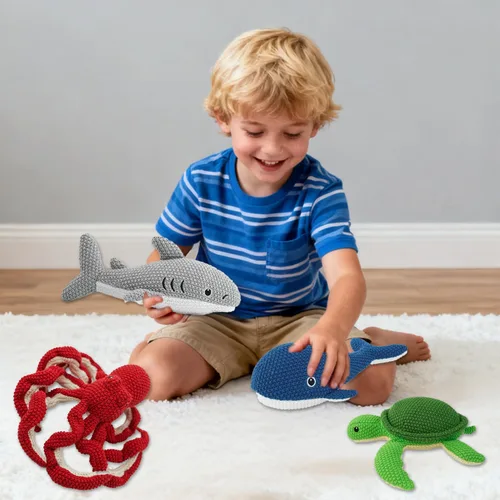 Vista 4 de Juego de 4 animales de peluche para bebé con 4 animales marinos, pulpo, tortuga, tiburón, ballena, juguete de ganchillo de 9 pulgadas, juguetes