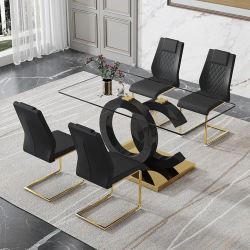 Vista 2 de Ebullient - Juego de mesa de comedor de vidrio para 4, juego de mesa y sillas de 5 piezas, mesa de comedor rectangular moderna con tapa de vidrio