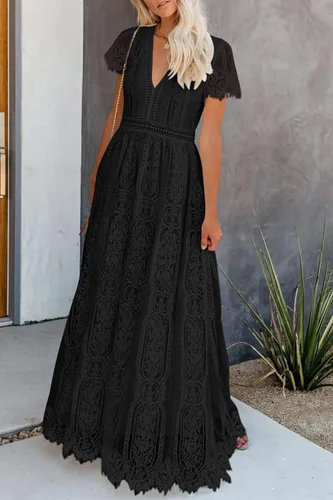 Vista 5 de PRETTYGARDEN - Vestido largo de encaje floral para mujer, manga corta, cuello en V, vestidos de fiesta para boda y para la noche