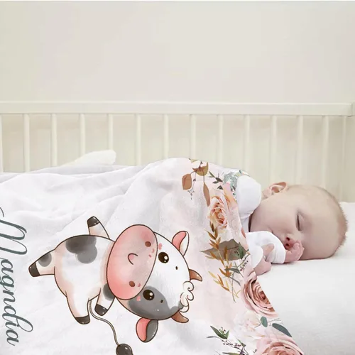 Vista 2 de Manta de bebé personalizada para niñas y niños pequeños, recién nacidos, regalos personalizados de vaca floral con nombre y texto, 40 x 30 pulgadas
