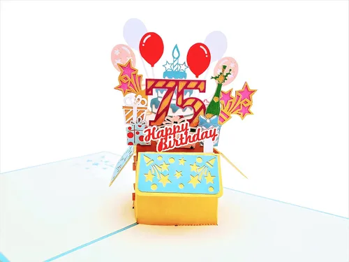 Vista 3 de iGifts And Cards Tarjeta desplegable 3D de cumpleaños 75: caja de fiesta azul centro de mesa de champán - Saludo de hito para padres, abuelos