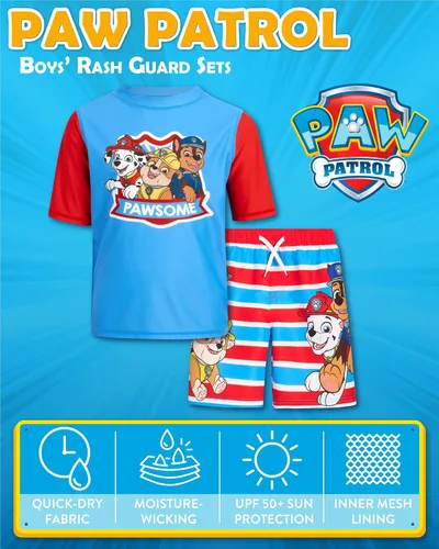 Vista 2 de Nickelodeon Paw Patrol UPF 50+ - Conjunto de protección contra erupciones para niños, Chase, Marshall camiseta de natación y trajes de baño (2T-7)