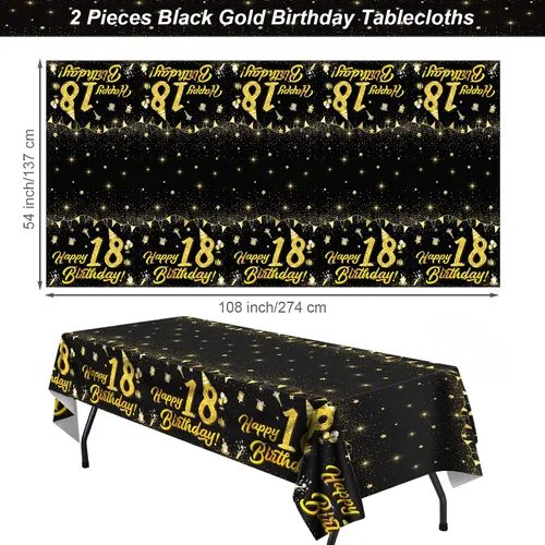 Vista 2 de durony Paquete de 2 manteles de cumpleaños de 18 años, de plástico, color negro y dorado, impermeable, rectangular, para fiestas en interiores