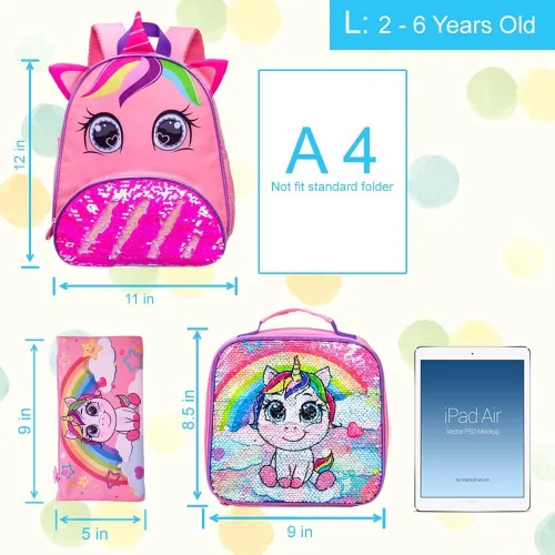 Vista 4 de Mochila de unicornio para niñas bonita mochila preescolar y lonchera para niños pequeños bonita mochila escolar de lentejuelas para niños pequeños