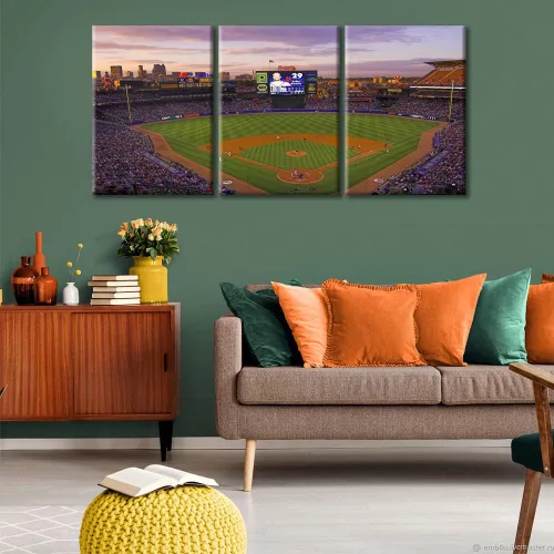 Vista 4 de TUMOVO American Major Baseball - Lienzo decorativo para pared, diseño de estadio de los Bravos, 3 piezas, arte de pared de Filadelfia, cuadros