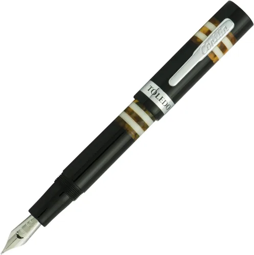 Vista 17 de Conklin Toledo - Pluma estilográfica en negro con segmentos de anillo azul y blanco, punta media, pluma estilográfica de lujo con detalles cromados