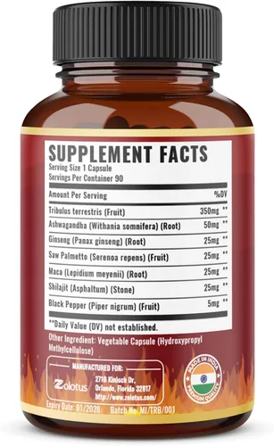 Vista 2 de Tribulus Terrestris Cápsulas con Ashwagndha, Panax Ginseng, Saw Palmetto, Maca, Shilajit - 90 Cápsulas - Suministro de 3 meses