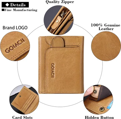 Vista 5 de GOIACII Carteras para hombres de gran capacidad de cuero genuino RFID plegable hombres billeteratitular de la tarjeta de crédito con ventana