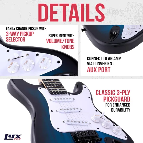 Vista 3 de LyxPro Guitarra eléctrica de 36 pulgadas y kit para niños con guitarra para principiantes de tamaño 3/4, amplificador, seis cuerdas, dos púas, Azul