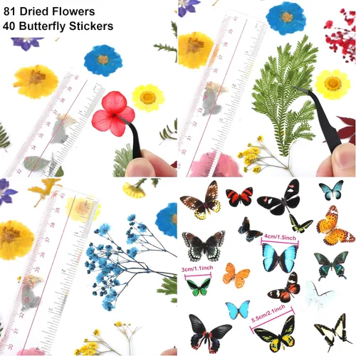 Vista 2 de Augshy Juego de flores secas prensadas reales con calcomanías transparentes de mariposa, calcomanías para álbumes de recortes, flores secas
