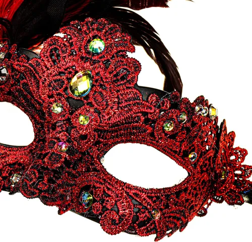 Vista 5 de Máscara veneciana veneciana de lujo para mujer con plumas laterales - rojo, Rojo