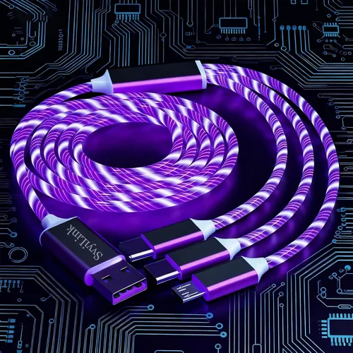 Vista 18 de Cable USB PD cargador rápido iluminado (USB 3 en 1 azul), cable de datos de teléfono, cable de carga de luz fluida, 39 pulgadas, material TPE