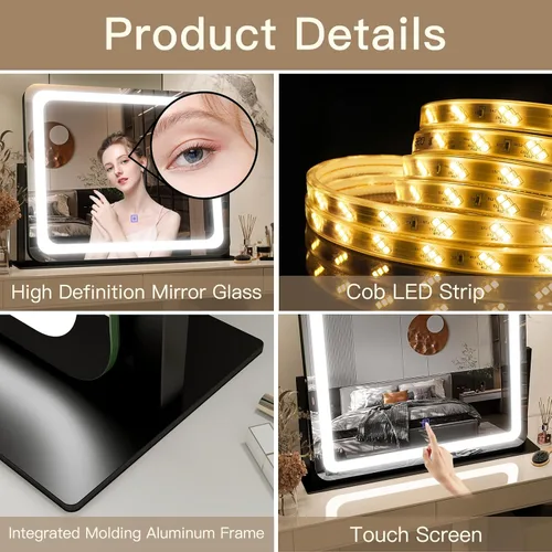 Vista 7 de FENNIO - Espejo de tocador con luces, espejo de maquillaje iluminado LED, pantalla táctil con 3 modos de iluminación, regulable, para mesa