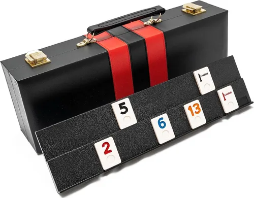 Vista 3 de Bello Games New York, Inc. Borough Park Deluxe Rummy Juego con números grabados grandes en una caja de cuero sintético negro
