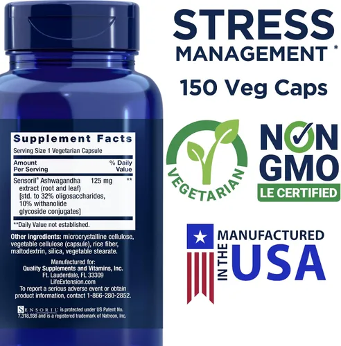 Vista 2 de Life Extension Ashwagandha optimizada, 150 cápsulas vegetarianas sin OMG, sin gluten, cápsulas vegetarianas
