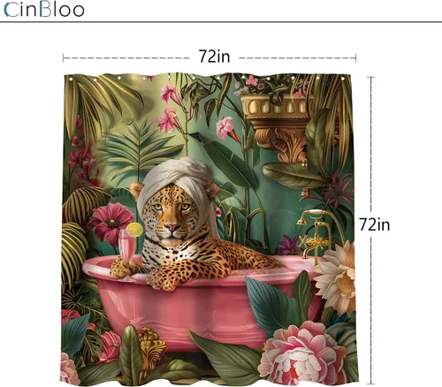 Vista 5 de Juego de cortina de ducha de baño con diseño de leopardo y guepardo rosa A-01pink leopardo verde