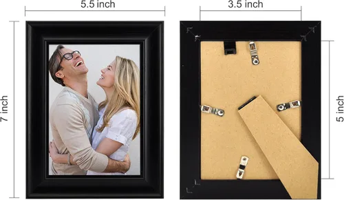 Vista 2 de Marcos de fotos de 3.5 x 5 pulgadas, diseño de madera negra, vidrio de alta definición para exhibición de mesa y montaje en pared, paquete de 4