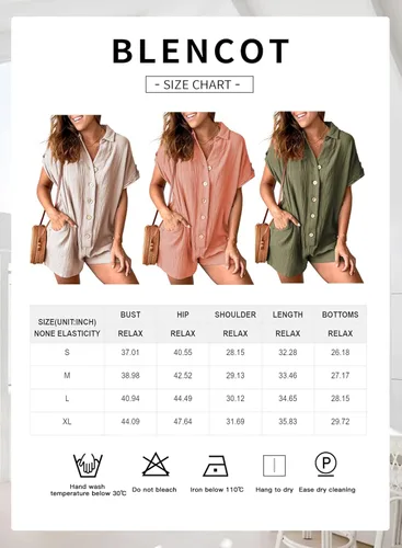 Vista 6 de BLENCOT Mono de verano con botones para mujer, casual, cuello en V, manga corta, con bolsillos