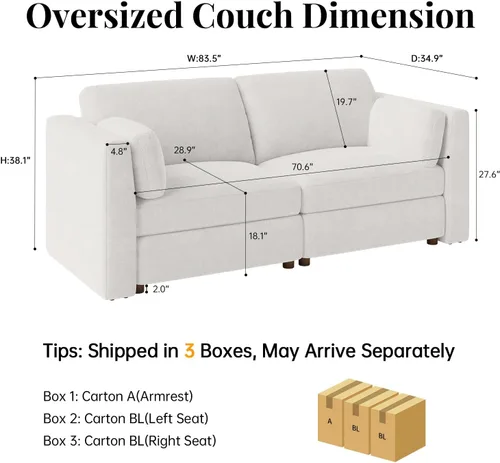 Vista 2 de CUGOAO Sofá biplaza extragrande de 83.5 pulgadas, sofás para sala de estar, sofá nube de felpilla de asiento profundo, sofá modular seccional, funda
