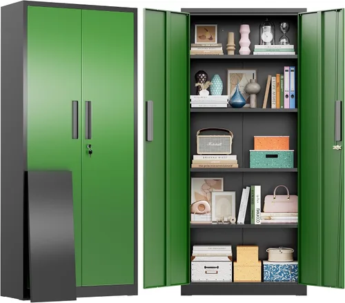 Vista 21 de Greenvelly Armario de almacenamiento de metal con cerradura, gabinete de almacenamiento cerrado negro de 72 pulgadas con 2 puertas y 4 estantes