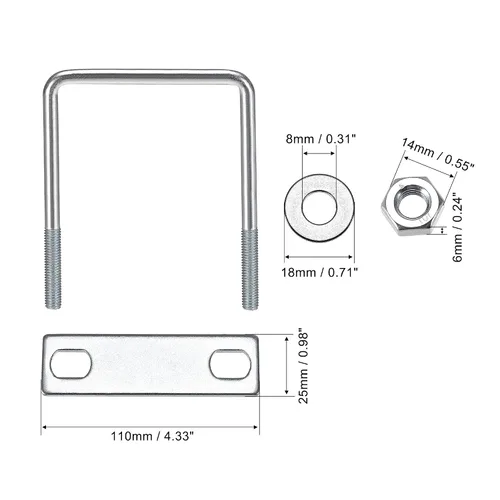 Vista 31 de uxcell Pernos cuadrados en U de 1 "(25 mm) de ancho interior de acero al carbono M8 con tuercas, placa de marco, arandelas redondas, juego de 4